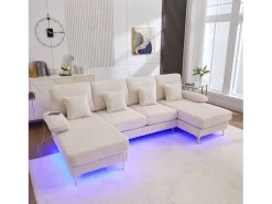 Sofá em U - 265 x 135 x 88 cm - com LEDs + porta USB-C + 4 almofadas - veludo - bege