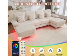 Sofá em U - 265 x 135 x 88 cm - com LEDs + porta USB-C + 4 almofadas - veludo - bege