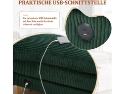 Sofá em U - 265 x 135 x 88 cm - com LEDs + porta USB-C + 4 almofadas - veludo - verde