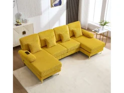 Sofá em U - 265 x 135 x 88 cm - com LEDs + porta USB-C + 4 almofadas - veludo - amarelo
