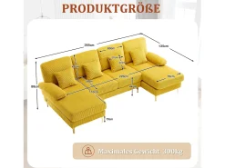 Sofá em U - 265 x 135 x 88 cm - com LEDs + porta USB-C + 4 almofadas - veludo - amarelo