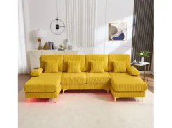 Sofá em U - 265 x 135 x 88 cm - com LEDs + porta USB-C + 4 almofadas - veludo - amarelo