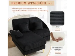 Sofá em U - 265 x 135 x 88 cm - com LEDs + porta USB-C + 4 almofadas - veludo - preto