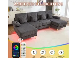 Sofá em U - 265 x 135 x 88 cm - com LEDs + porta USB-C + 4 almofadas - veludo - cinza