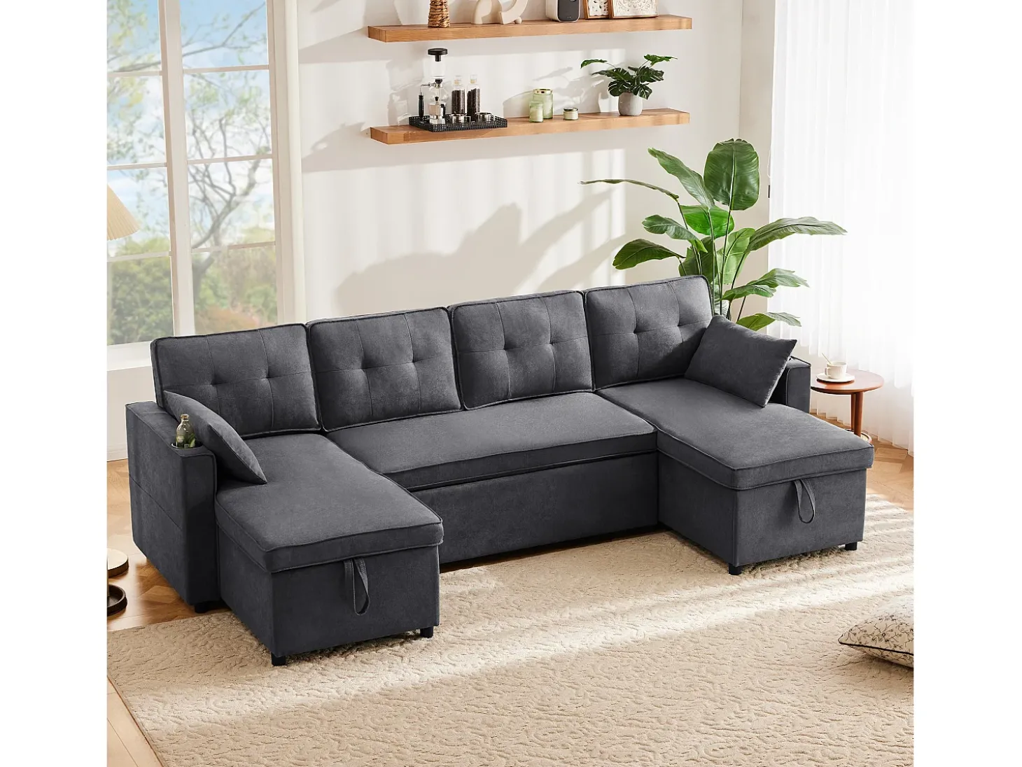 Sofá em U 270x130x86 cm - Sofá acolchoado - Tecido de algodão e linho - Com porta-copos - Dois compartimentos de arrumação - Cinza