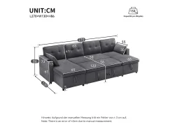 Sofá em U 270x130x86 cm - Sofá acolchoado - Tecido de algodão e linho - Com porta-copos - Dois compartimentos de arrumação - Cinza
