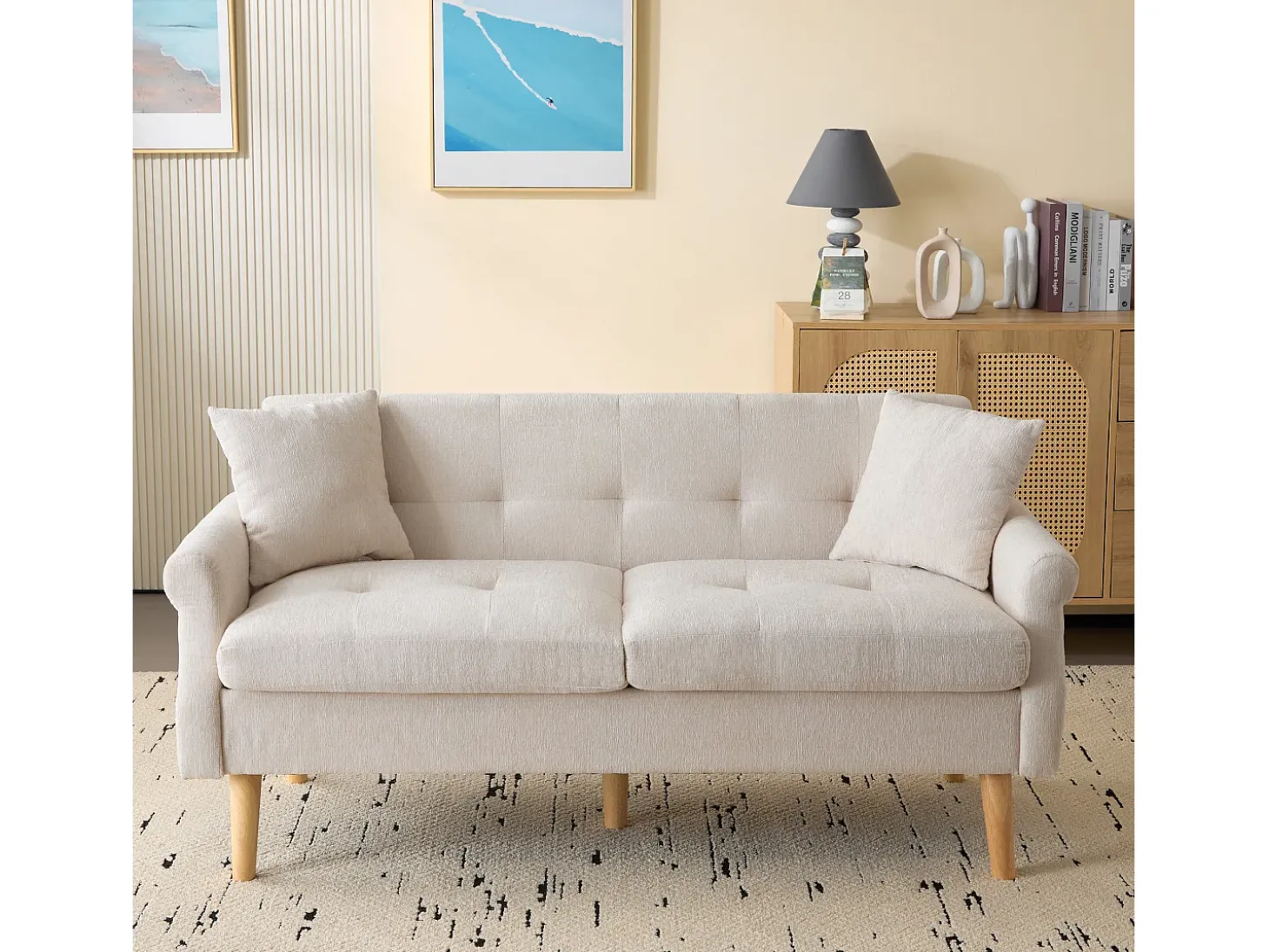 Sofá estofado chenille 2 lugares - 162x74x77 cm - Bege