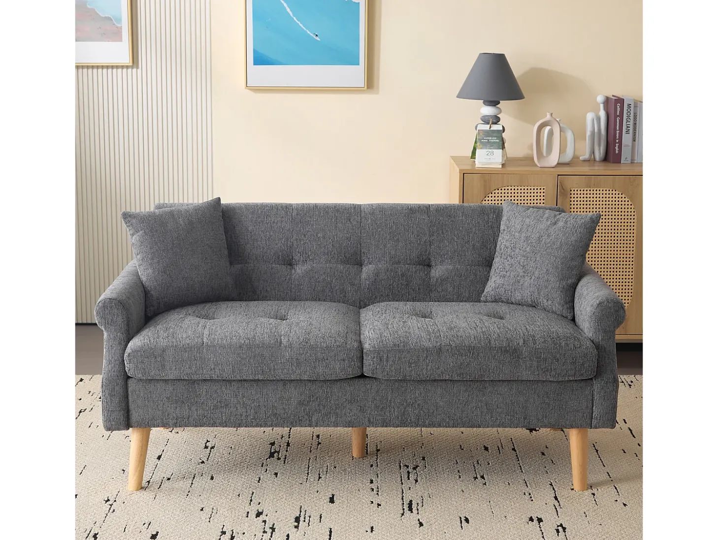 Sofá estofado chenille 2 lugares - 162x74x77 cm - Cinza