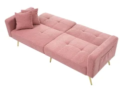 Sofá estofado com função de cama, ângulo regulável, pernas douradas com almofadas e bolsas de arrumação laterais