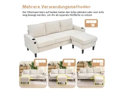 Sofá estofado em L de 3 lugares - 202 x 137 x 80 cm - com portas USB e Tipo C + 2 porta-copos - linho - bege