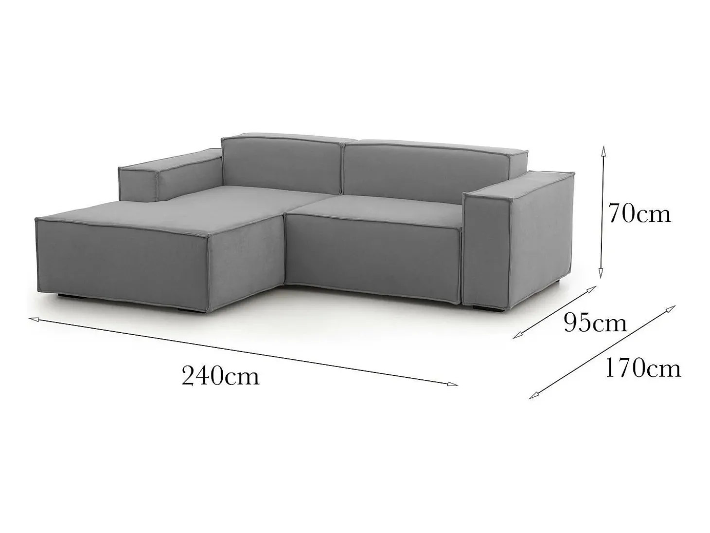 Sofá fixo Daniela, Sofá modular grande de 2 lugares com península esquerda, 100% Fabricado na Itália, Sofá de tecido moderno, 240x170h70 cm, Cinza