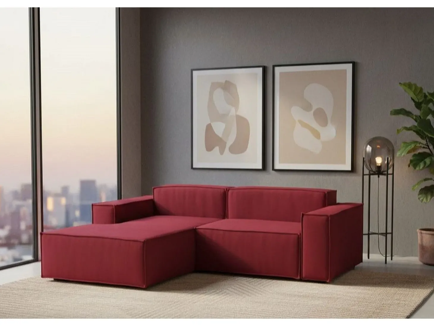 Sofá fixo Dcagnan, Sofá modular grande de 2 lugares com península esquerda, 100% Fabricado na Itália, Sofá de tecido moderno, 240x170h70 cm, Vermelho