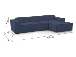Sofá fixo Ddzek, sofá modular de 3 lugares com península direita, 100% Fabricado na Itália, Sofá de tecido moderno, 300x170h70 cm, Azul