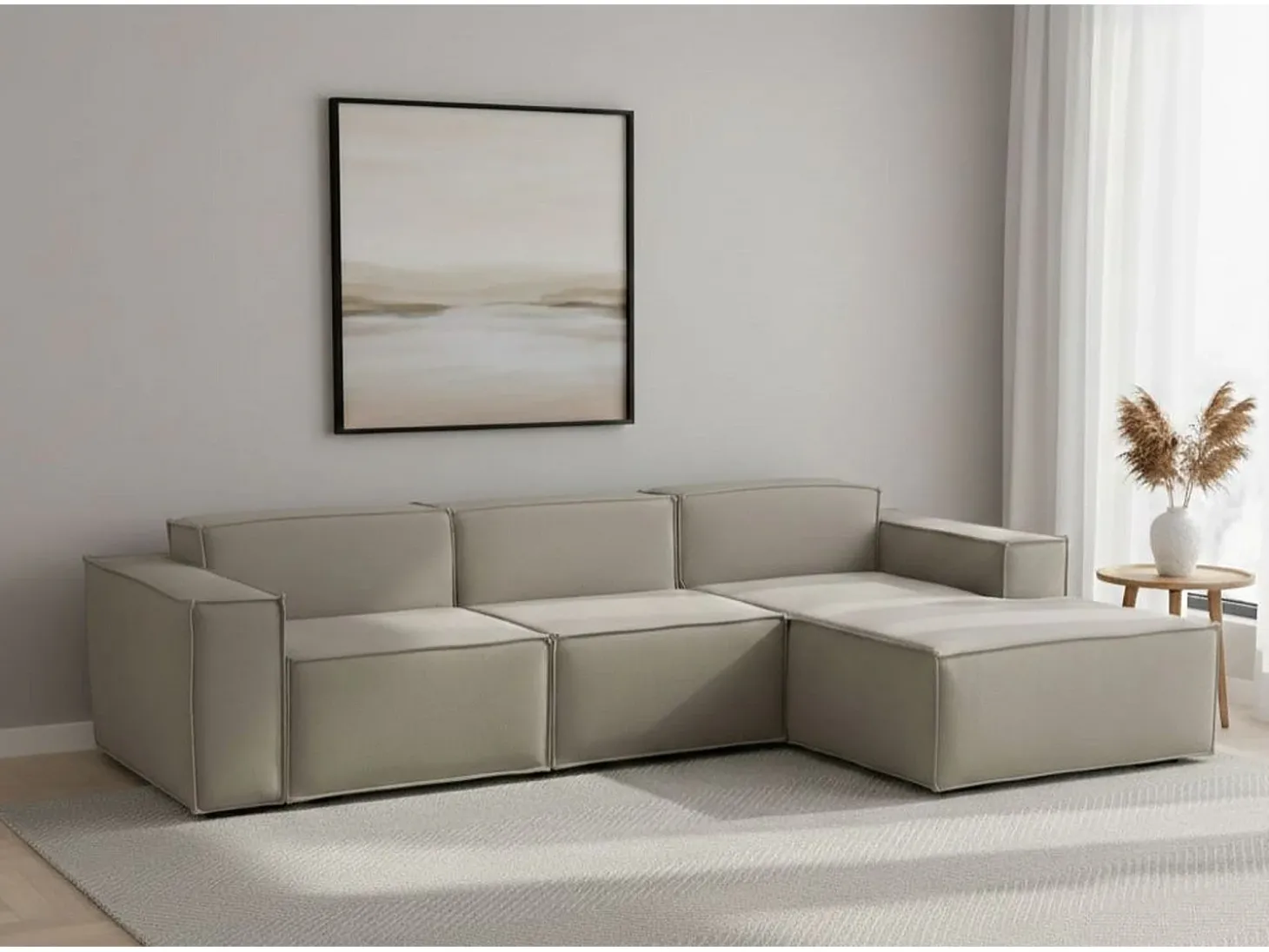 Sofá fixo Ddzek, sofá modular de 3 lugares com península direita, 100% Fabricado na Itália, Sofá de tecido moderno, 300x170h70 cm, Taupe