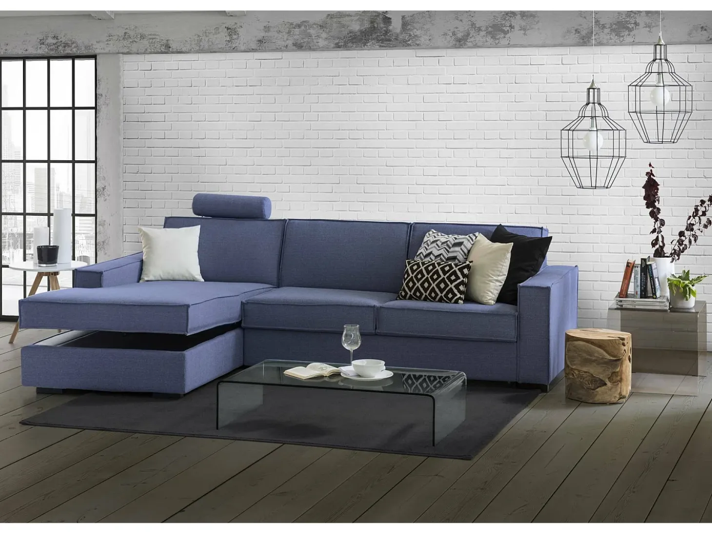 Sofá fixo Dfabbia, Sofá de canto, 100% Fabricado na Itália, Sofá da sala com, Península esquerda, com braços padrão, 280x95h90 cm, Azul