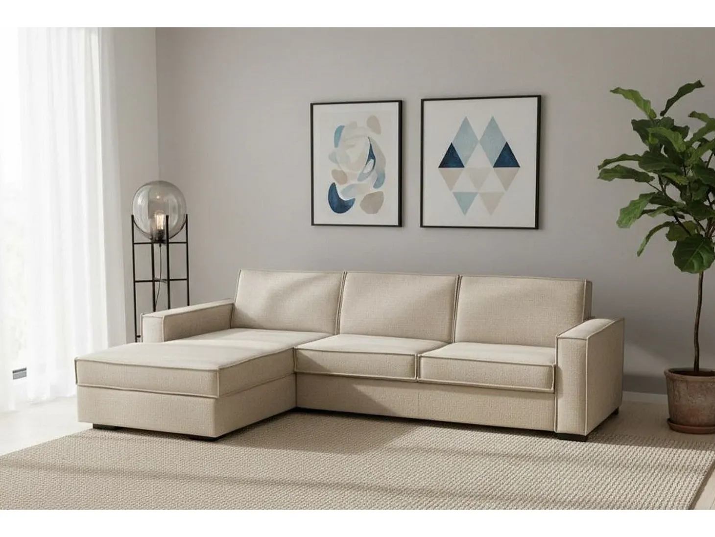 Sofá fixo Dfabbia, Sofá de canto, 100% Fabricado na Itália, Sofá da sala com, Península esquerda, com braços padrão, Cm 280x95h90, Bege