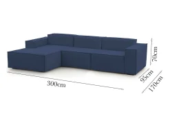Sofá fixo Dflori, sofá modular de 3 lugares com península esquerda, 100% Fabricado na Itália, Sofá de tecido moderno, 300x170h70 cm, Azul