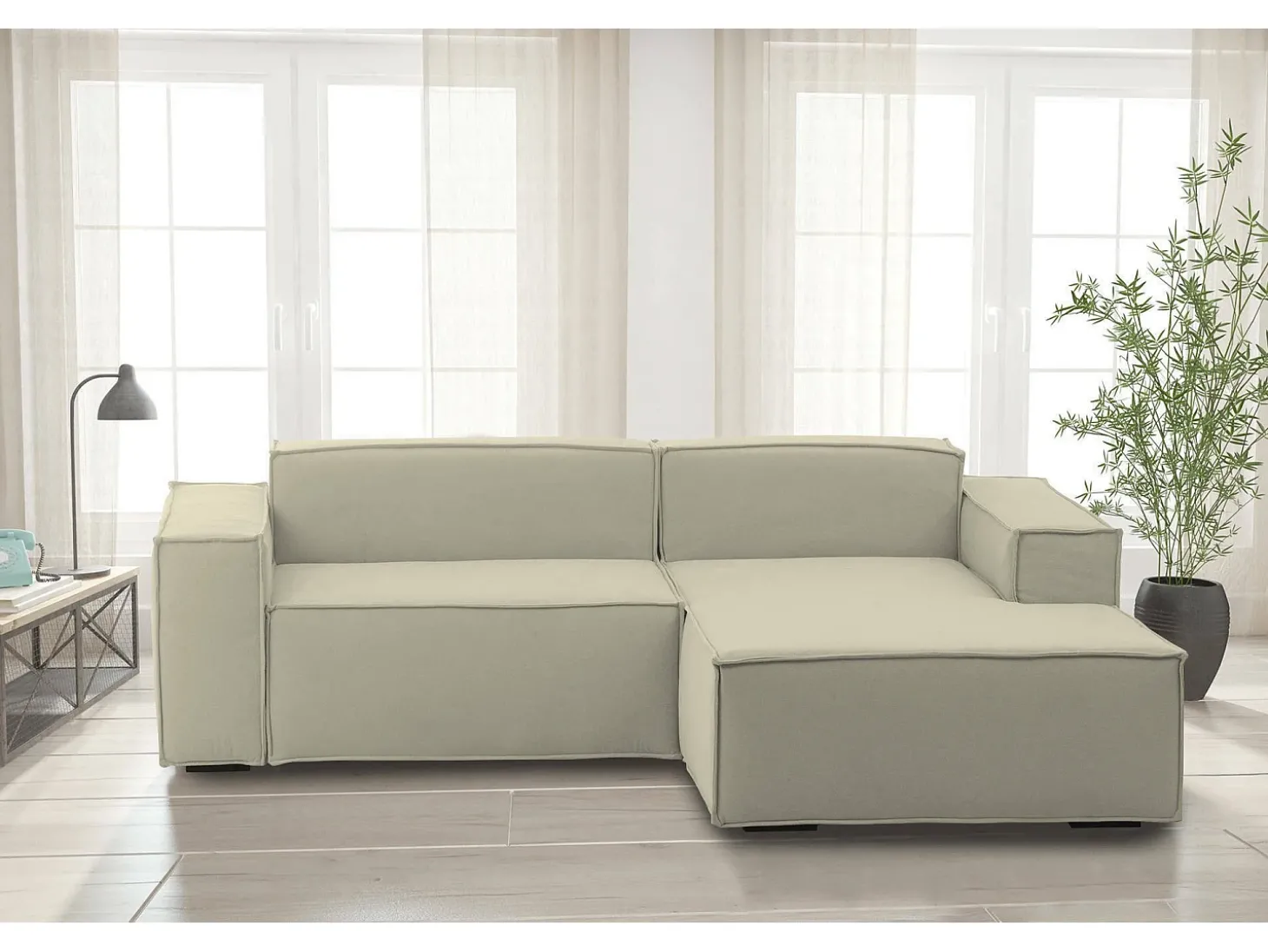 Sofá fixo Dgatta, Sofá modular grande de 2 lugares com península direita, 100% Fabricado na Itália, Sofá de tecido moderno, 240x170h70 cm, Bege