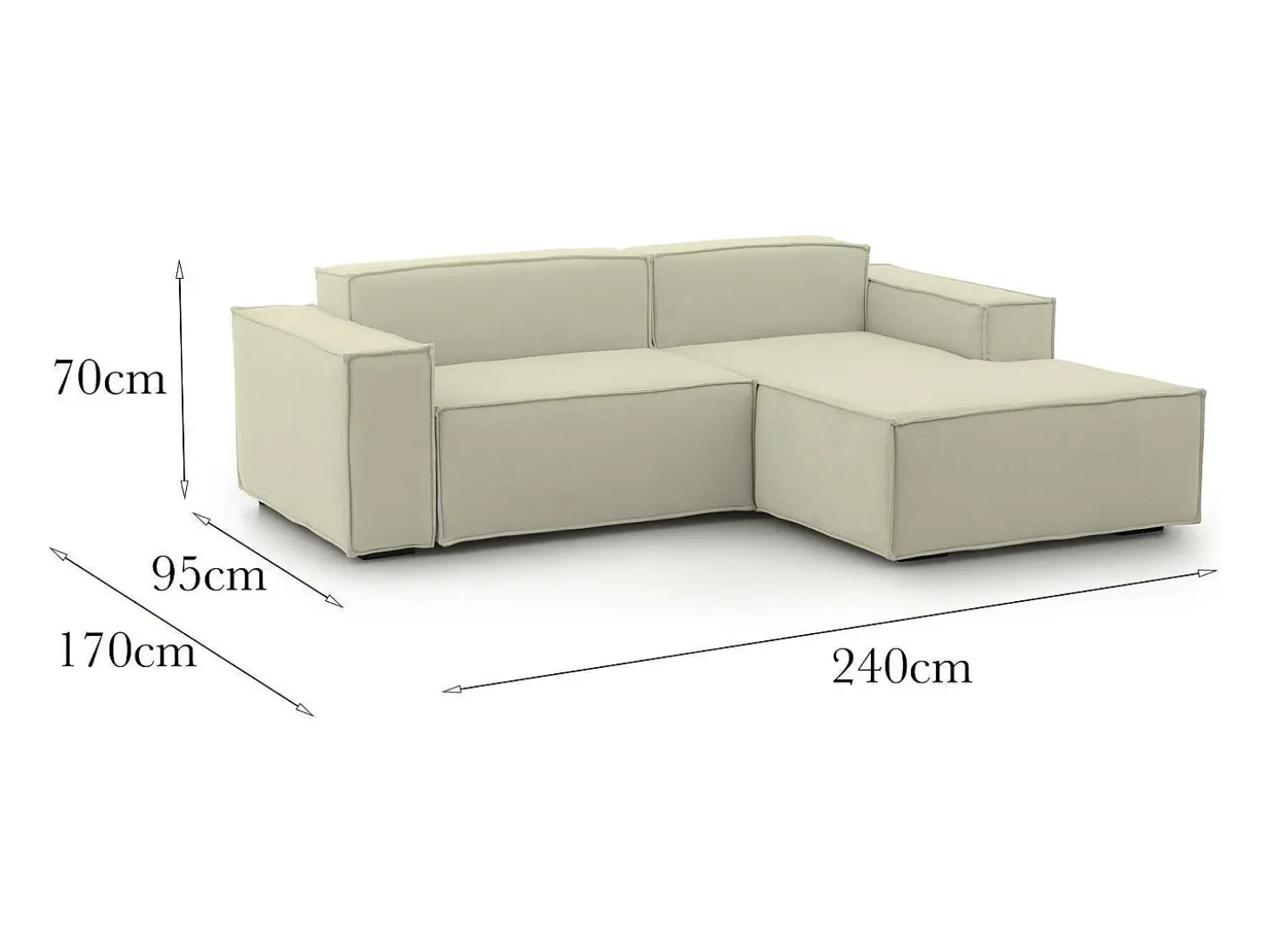 Sofá fixo Dgatta, Sofá modular grande de 2 lugares com península direita, 100% Fabricado na Itália, Sofá de tecido moderno, 240x170h70 cm, Bege