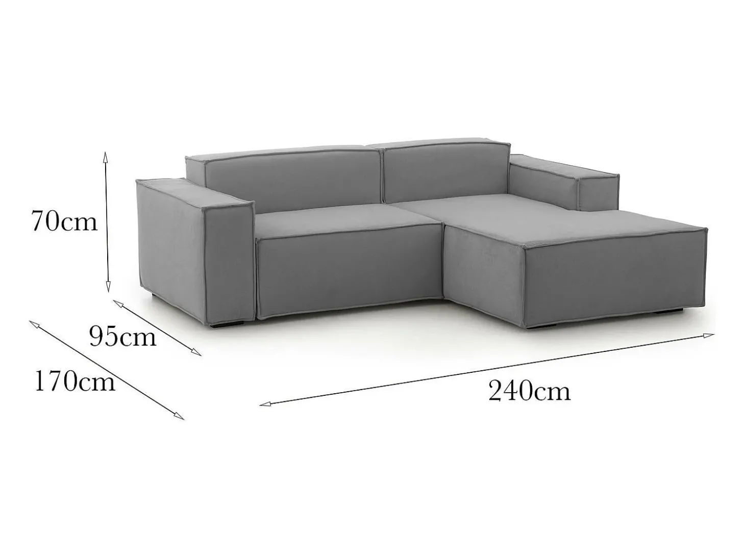 Sofá fixo Dgatta, Sofá modular grande de 2 lugares com península direita, 100% Fabricado na Itália, Sofá de tecido moderno, 240x170h70 cm, Cinza