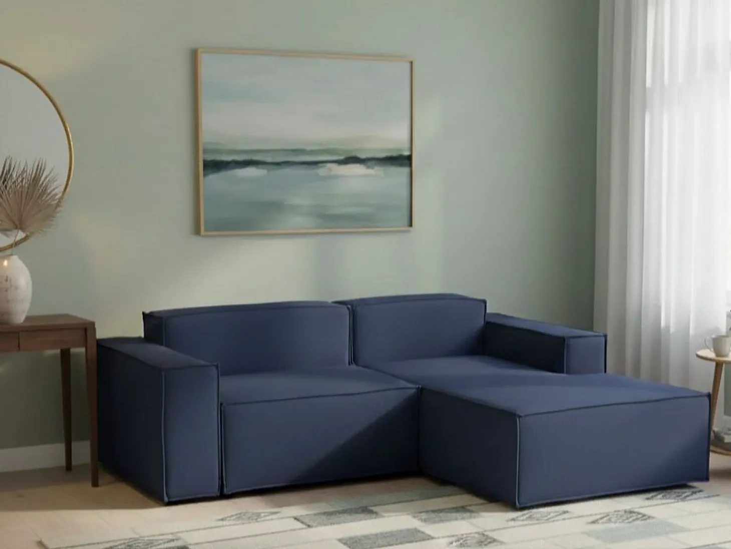 Sofá fixo Dgatta, Sofá modular grande de 2 lugares com península direita, 100% Fabricado na Itália, Sofá de tecido moderno, 240x170h70 cm, Azul