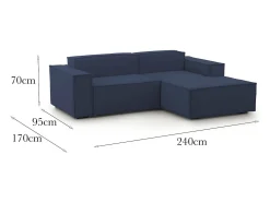 Sofá fixo Dgatta, Sofá modular grande de 2 lugares com península direita, 100% Fabricado na Itália, Sofá de tecido moderno, 240x170h70 cm, Azul