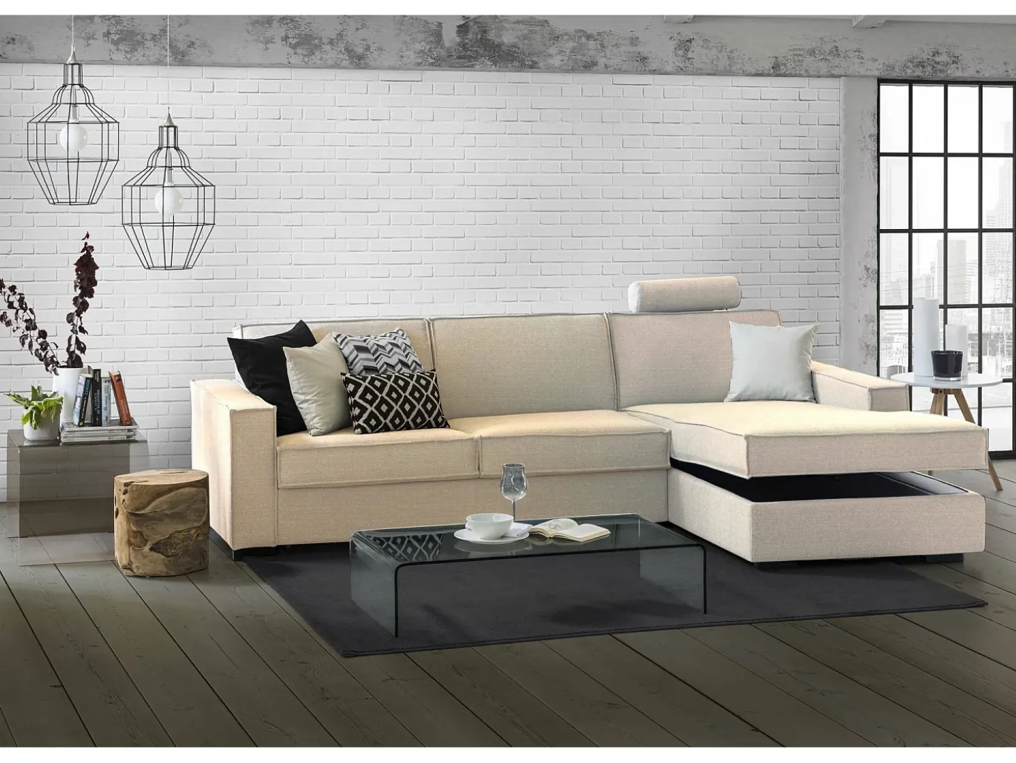 Sofá fixo Dgodea, Sofá de canto, 100% Fabricado na Itália, Sofá da sala com, Península direita, com braços finos, Cm 260x95h90, Bege