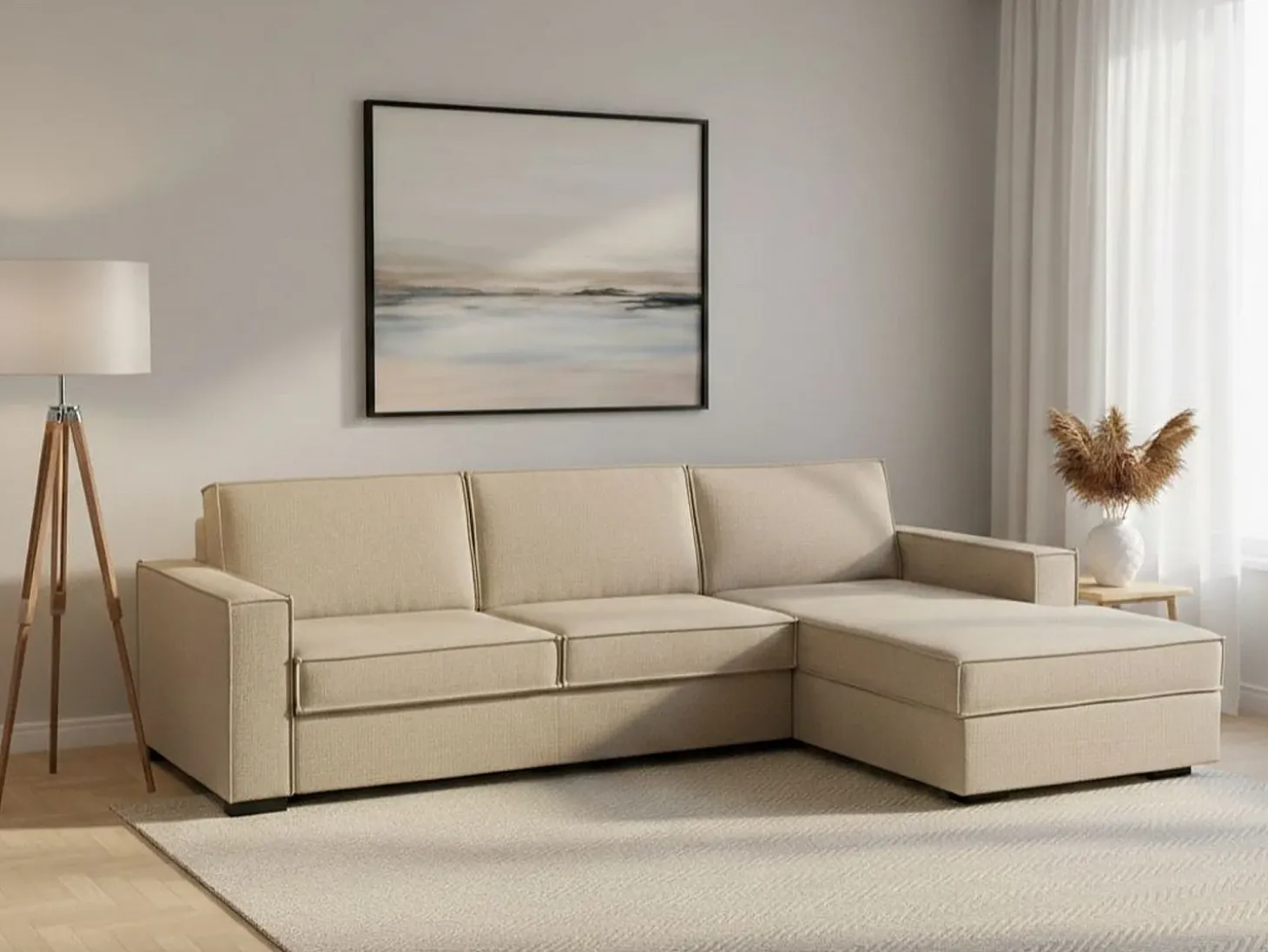 Sofá fixo Dgodea, Sofá de canto, 100% Fabricado na Itália, Sofá da sala com, Península direita, com braços finos, Cm 260x95h90, Bege