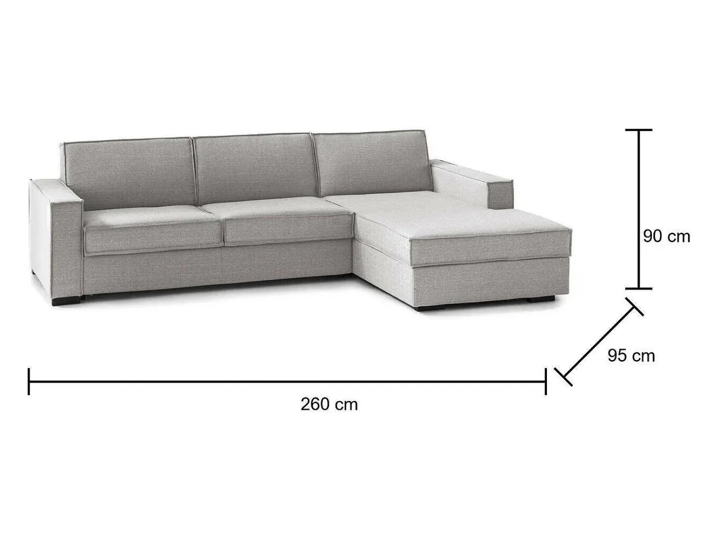 Sofá fixo Dgodea, Sofá de canto, 100% Fabricado na Itália, Sofá da sala com península direita, com braços finos, 260x95h90 cm, Cinza