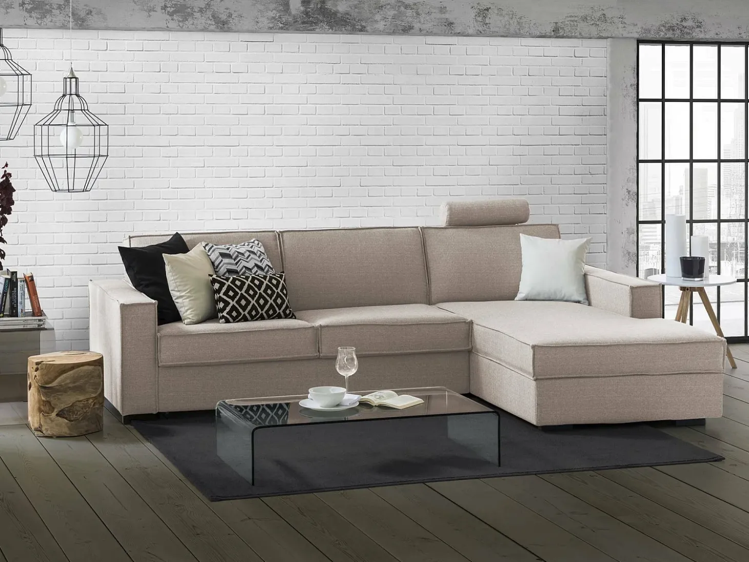 Sofá fixo Dgodea, Sofá de canto, 100% Fabricado na Itália, Sofá da sala com, Península direita, com braços finos, Cm 260x95h90, Taupe