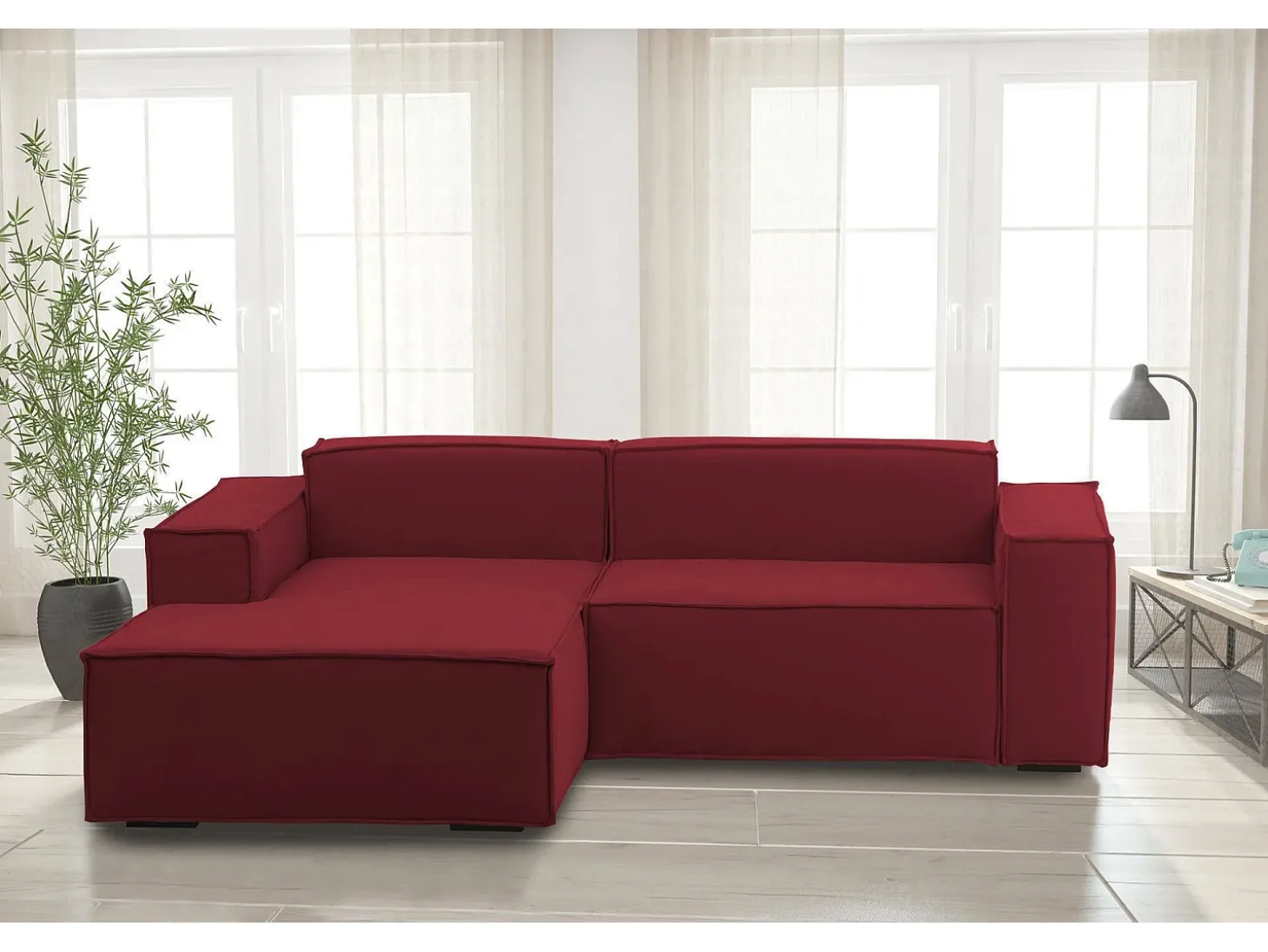 Sofá fixo Dkivil, sofá modular de 2 lugares com península esquerda, 100% Fabricado na Itália, Sofá de tecido moderno, 220x170h70 cm, Vermelho