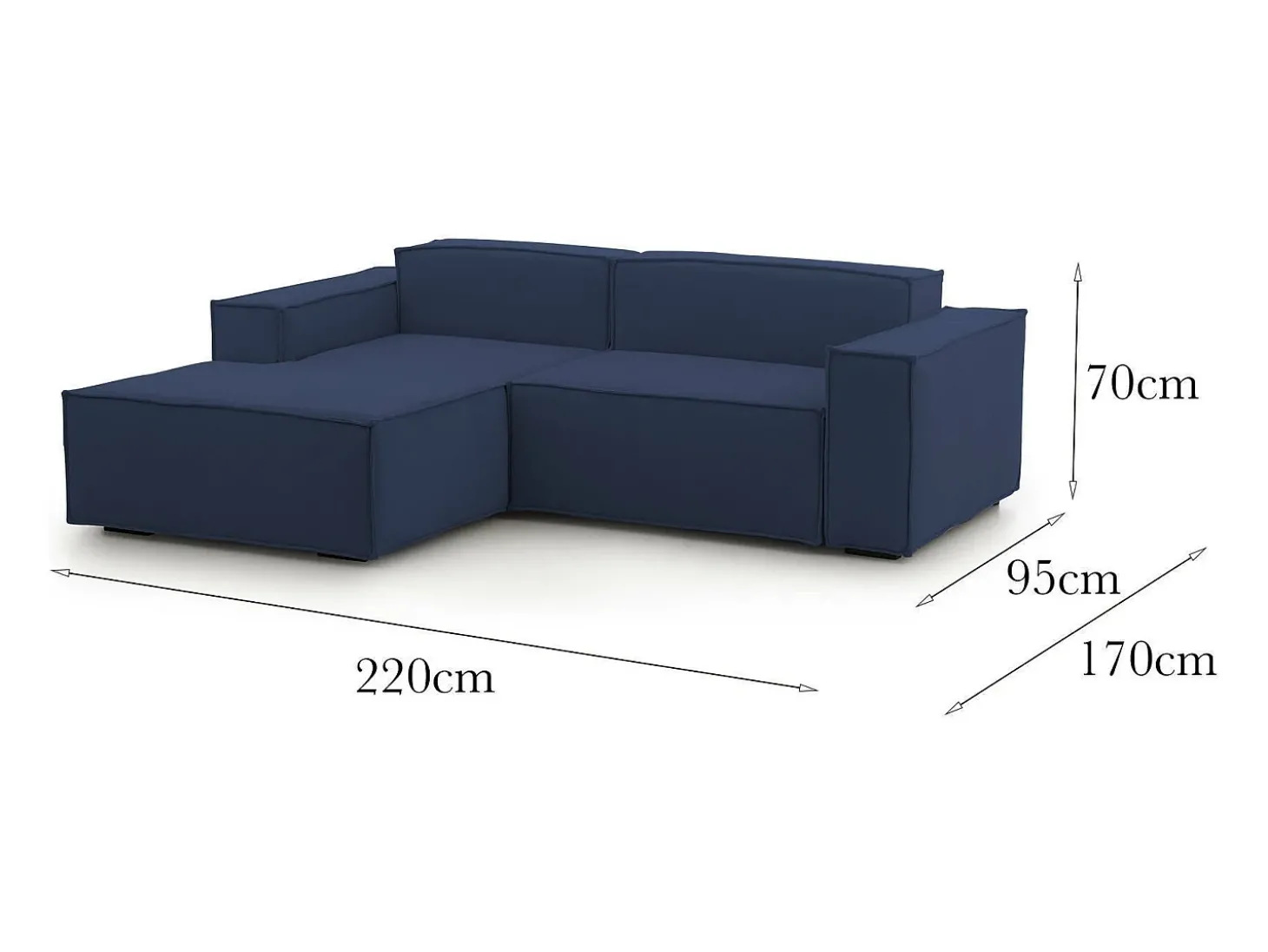 Sofá fixo Dkivil, sofá modular de 2 lugares com península esquerda, 100% Fabricado na Itália, Sofá de tecido moderno, 220x170h70 cm, Azul