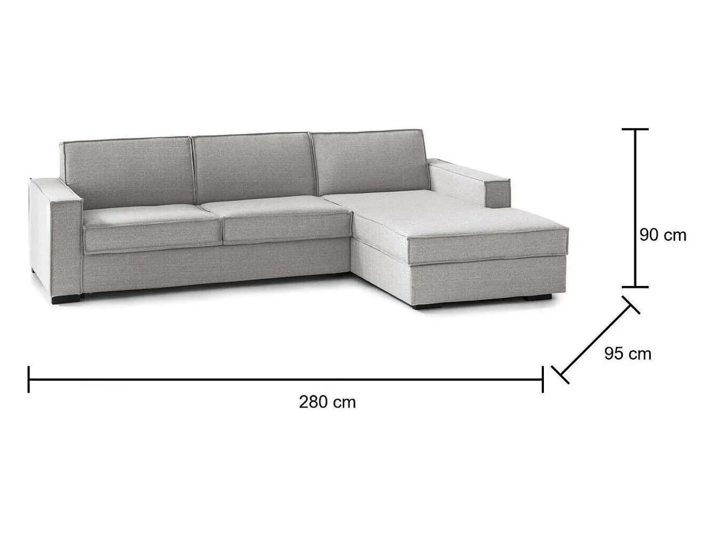 Sofá fixo Dkiyin, Sofá de canto, 100% Fabricado na Itália, Sofá da sala com península de contêiner direita, com braços padrão, 280x95h90 cm, Cinza