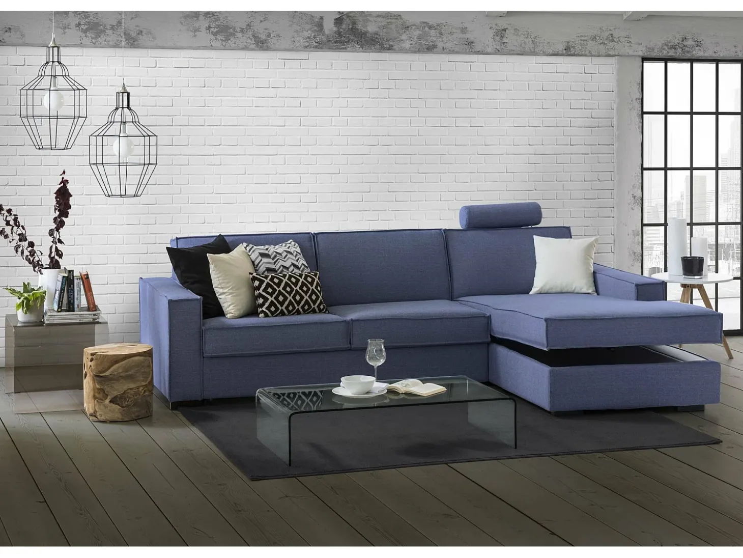 Sofá fixo Dkiyin, Sofá de canto, 100% Fabricado na Itália, Sofá da sala com península de contêiner direita, com braços padrão, 280x95h90 cm, Azul