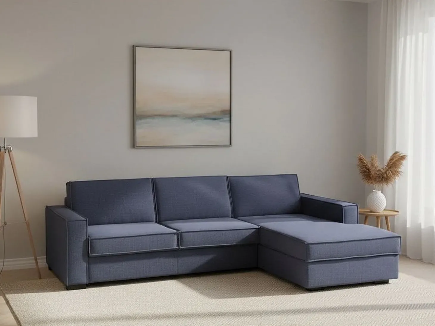 Sofá fixo Dkiyin, Sofá de canto, 100% Fabricado na Itália, Sofá da sala com península de contêiner direita, com braços padrão, 280x95h90 cm, Azul