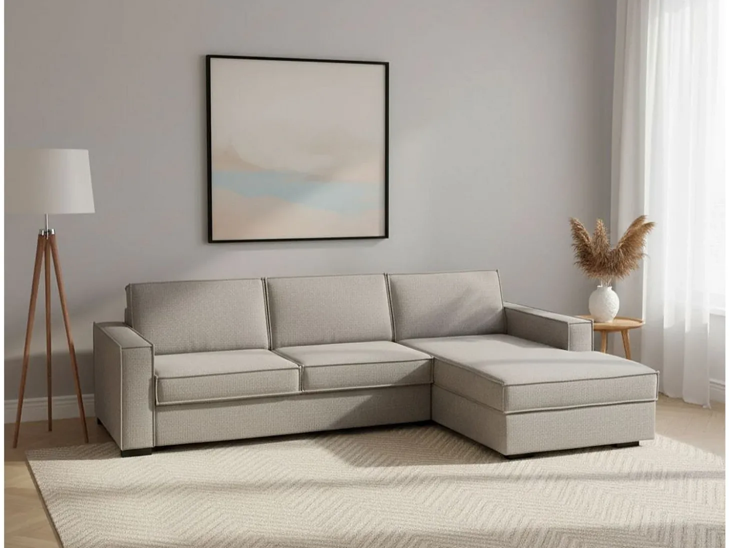 Sofá fixo Dkiyin, Sofá de canto, 100% Fabricado na Itália, Sofá da sala com, Península de contêiner direita, com braços padrão, Cm 280x95h90, Taupe
