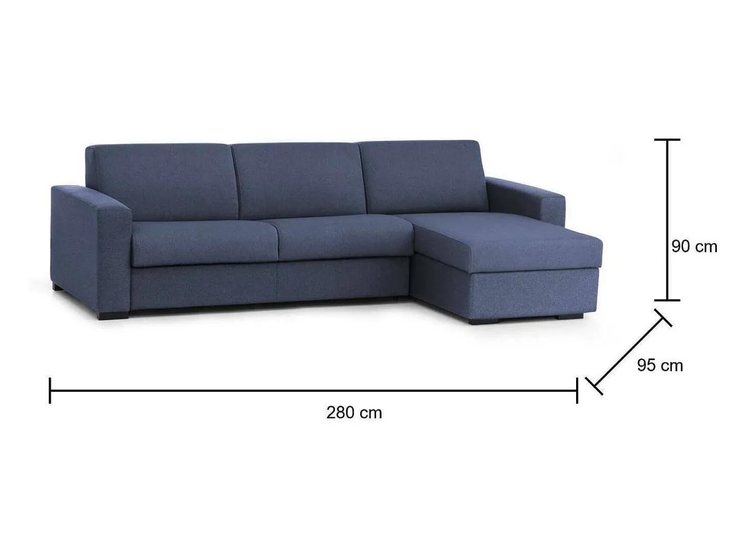 Sofá fixo Dland, Sofá de canto, 100% Made in Italy, Sofá de ala, com penínula de arrumação reverível, em tecido acolchoado, com braço tandard, 280x95h90 cm, Azul