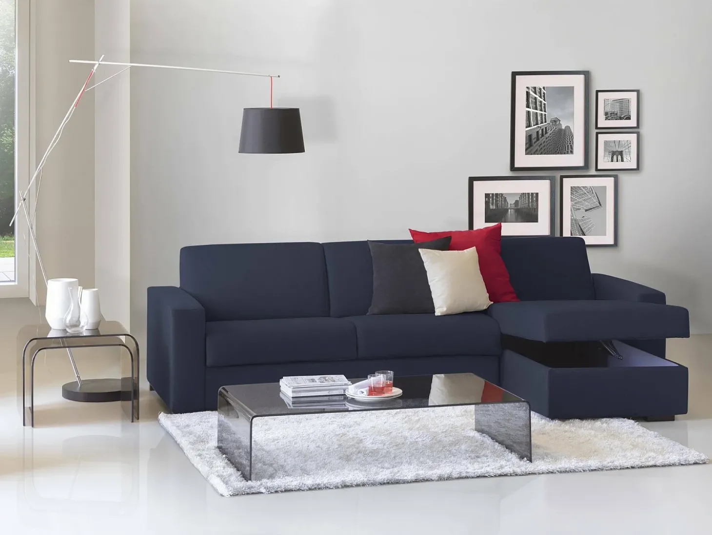Sofá fixo Dland, Sofá de canto, 100% Made in Italy, Sofá de ala, com penínula de arrumação reverível, em tecido acolchoado, com braço tandard, 280x95h90 cm, Azul