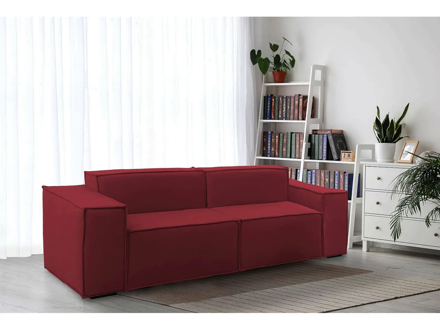 Sofá fixo Dlongh, sofá modular linear de 2 lugares, 100% Fabricado na Itália, Sofá moderno para sala em tecido, 220x95h70 cm, Vermelho