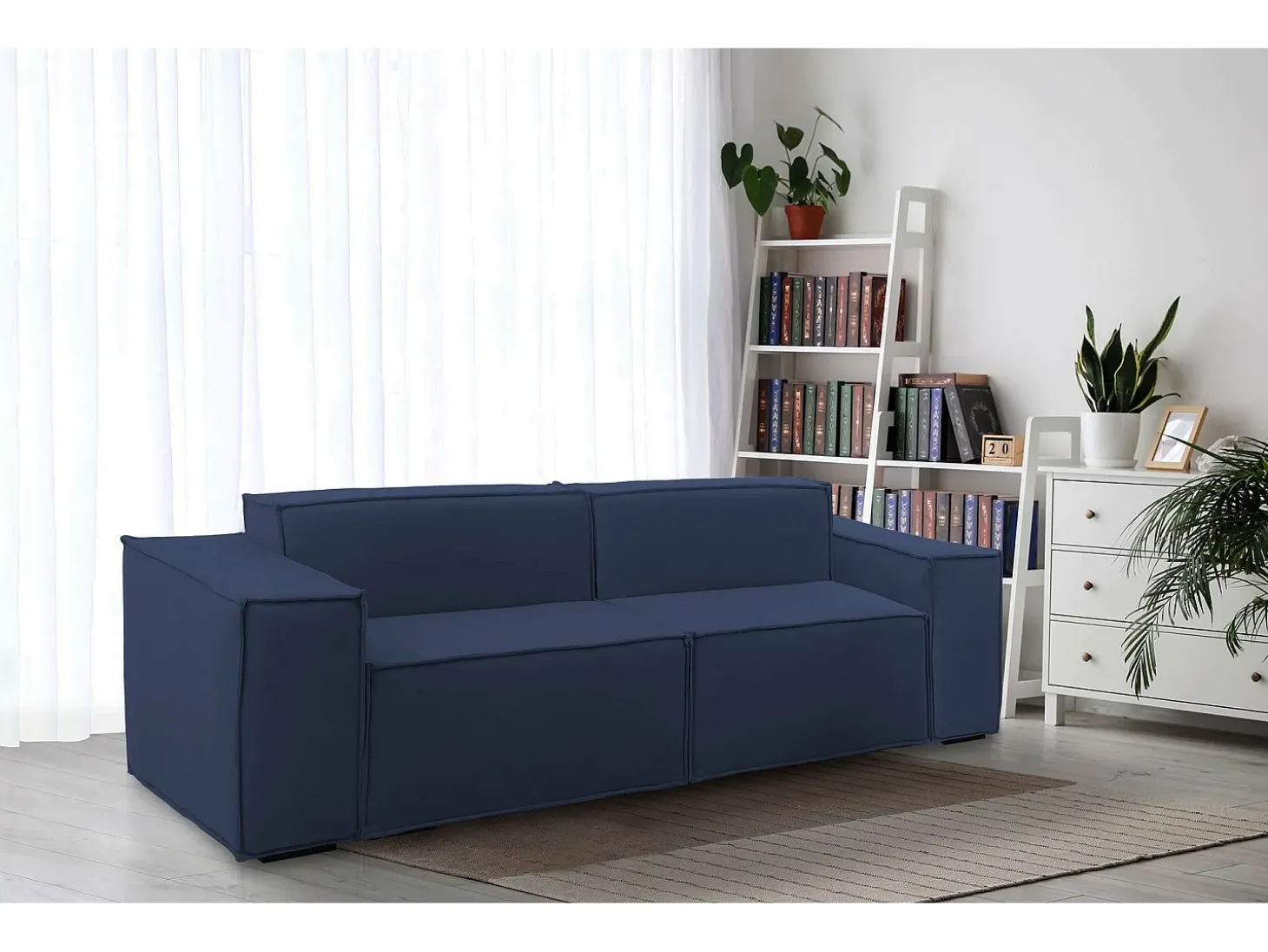 Sofá fixo Dlongh, sofá modular linear de 2 lugares, 100% Fabricado na Itália, Sofá moderno para sala em tecido, 220x95h70 cm, Azul