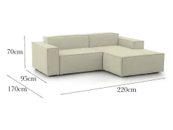 Sofá fixo Dlorenz, sofá modular de 2 lugares com península direita, 100% Fabricado na Itália, Sofá de tecido moderno, 220x170h70 cm, Bege