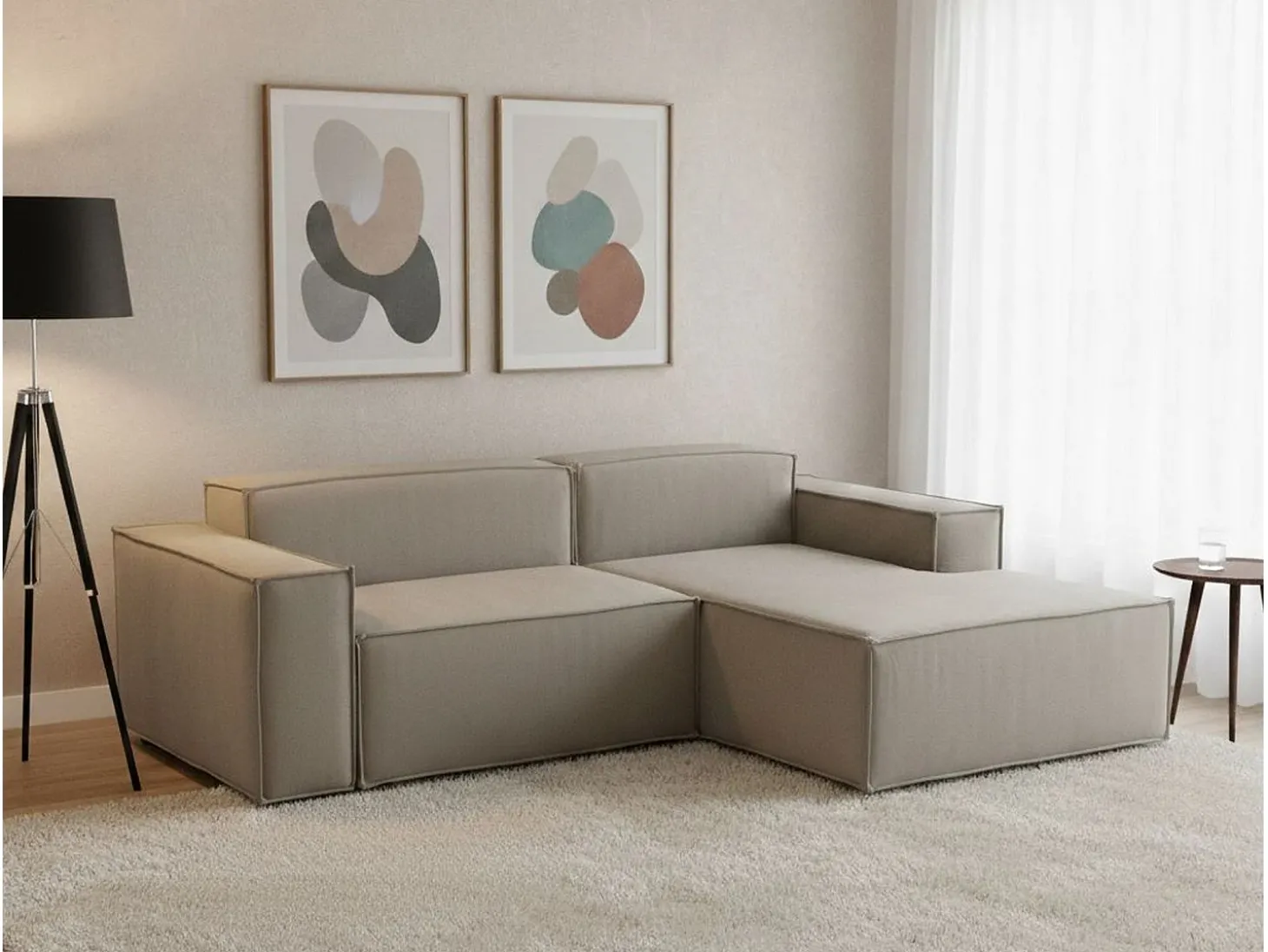 Sofá fixo Dlorenz, sofá modular de 2 lugares com península direita, 100% Fabricado na Itália, Sofá de tecido moderno, 220x170h70 cm, Taupe