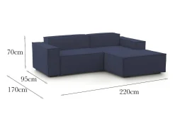 Sofá fixo Dlorenz, sofá modular de 2 lugares com península direita, 100% Fabricado na Itália, Sofá de tecido moderno, 220x170h70 cm, Azul