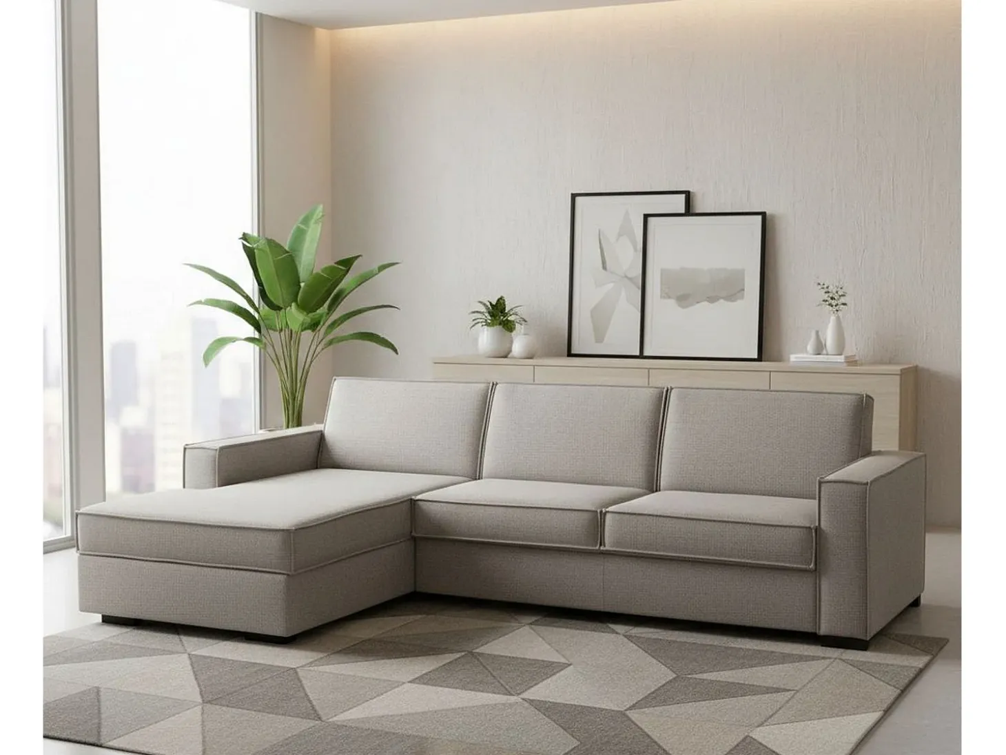 Sofá fixo Dlovis, Sofá de canto, 100% Fabricado na Itália, Sofá da sala com, Península esquerda, com braços finos, Cm 260x95h90, Taupe