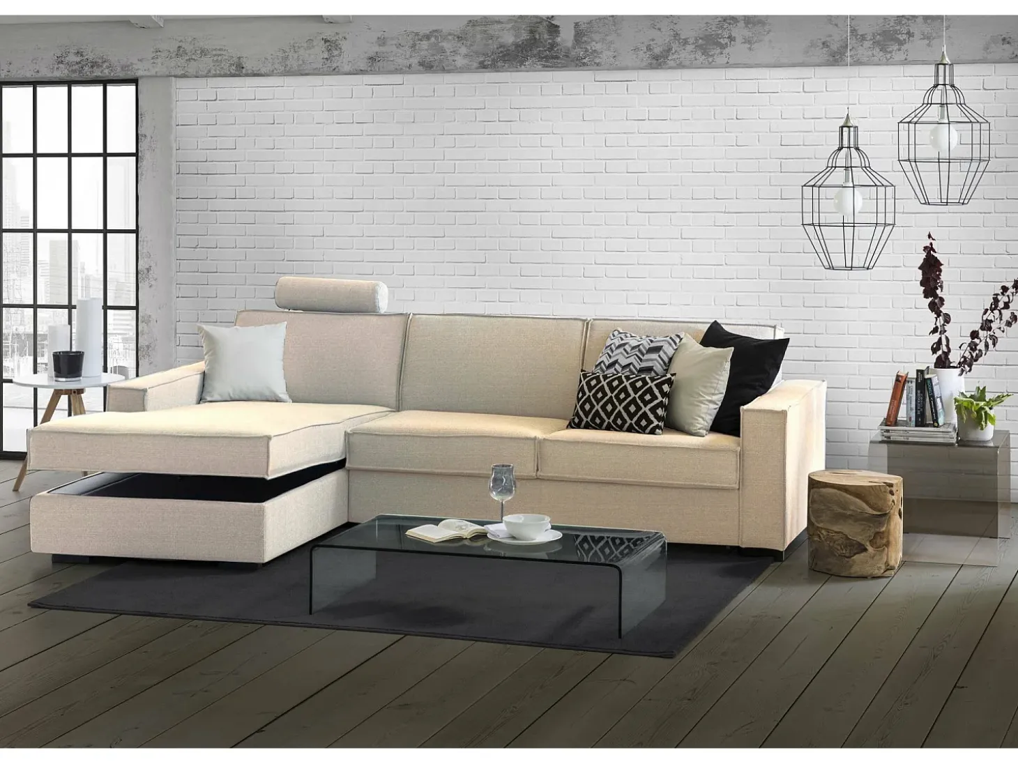 Sofá fixo Dlovis, Sofá de canto, 100% Fabricado na Itália, Sofá da sala com, Península esquerda, com braços finos, Cm 260x95h90, Bege