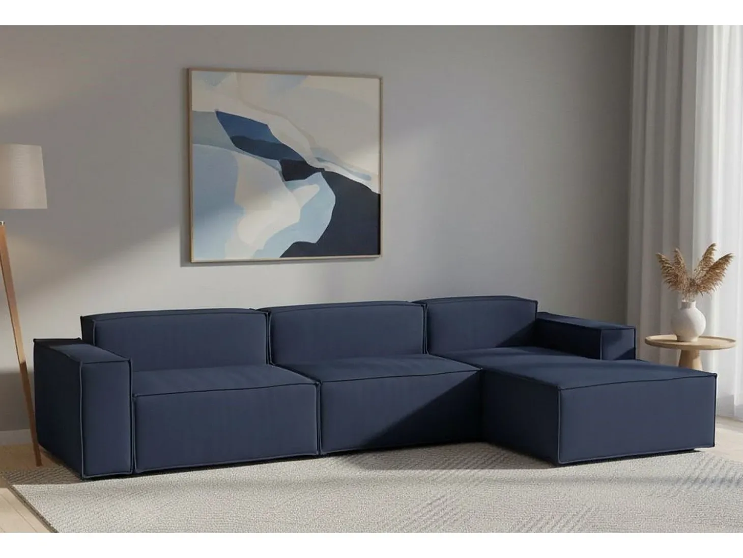 Sofá fixo Dmaiol, sofá modular de 4 lugares com península direita, 100% Fabricado na Itália, Sofá de tecido moderno, 340x170h70 cm, Azul