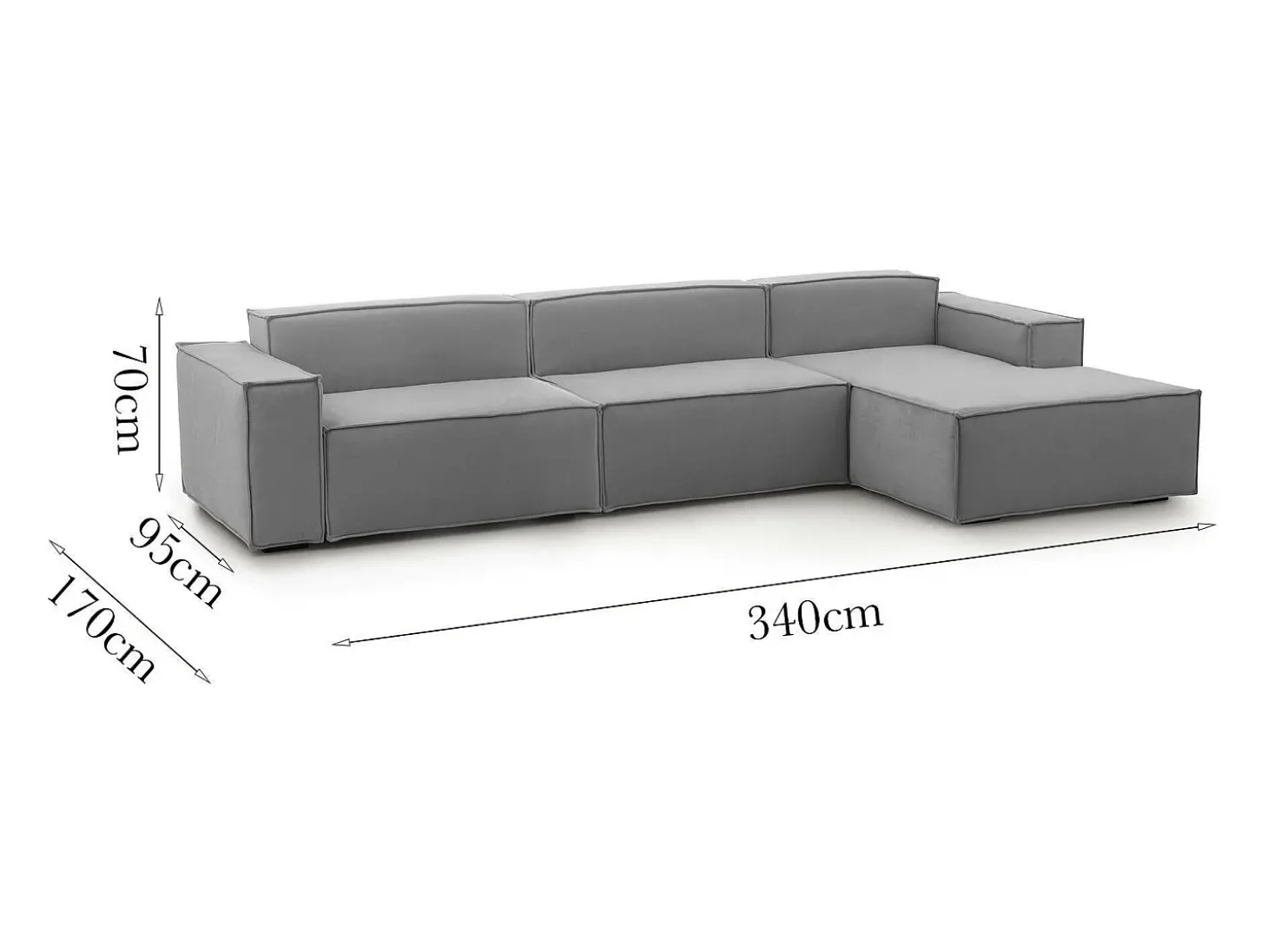 Sofá fixo Dmaiol, sofá modular de 4 lugares com península direita, 100% Fabricado na Itália, Sofá de tecido moderno, 340x170h70 cm, Cinza