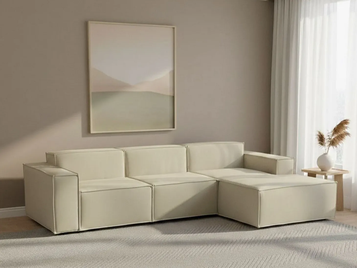 Sofá fixo Giovanna, sofá modular de 3 lugares com península direita, 100% Made in Italy, Sofá de tecido moderno, 300x170h70 cm, Bege
