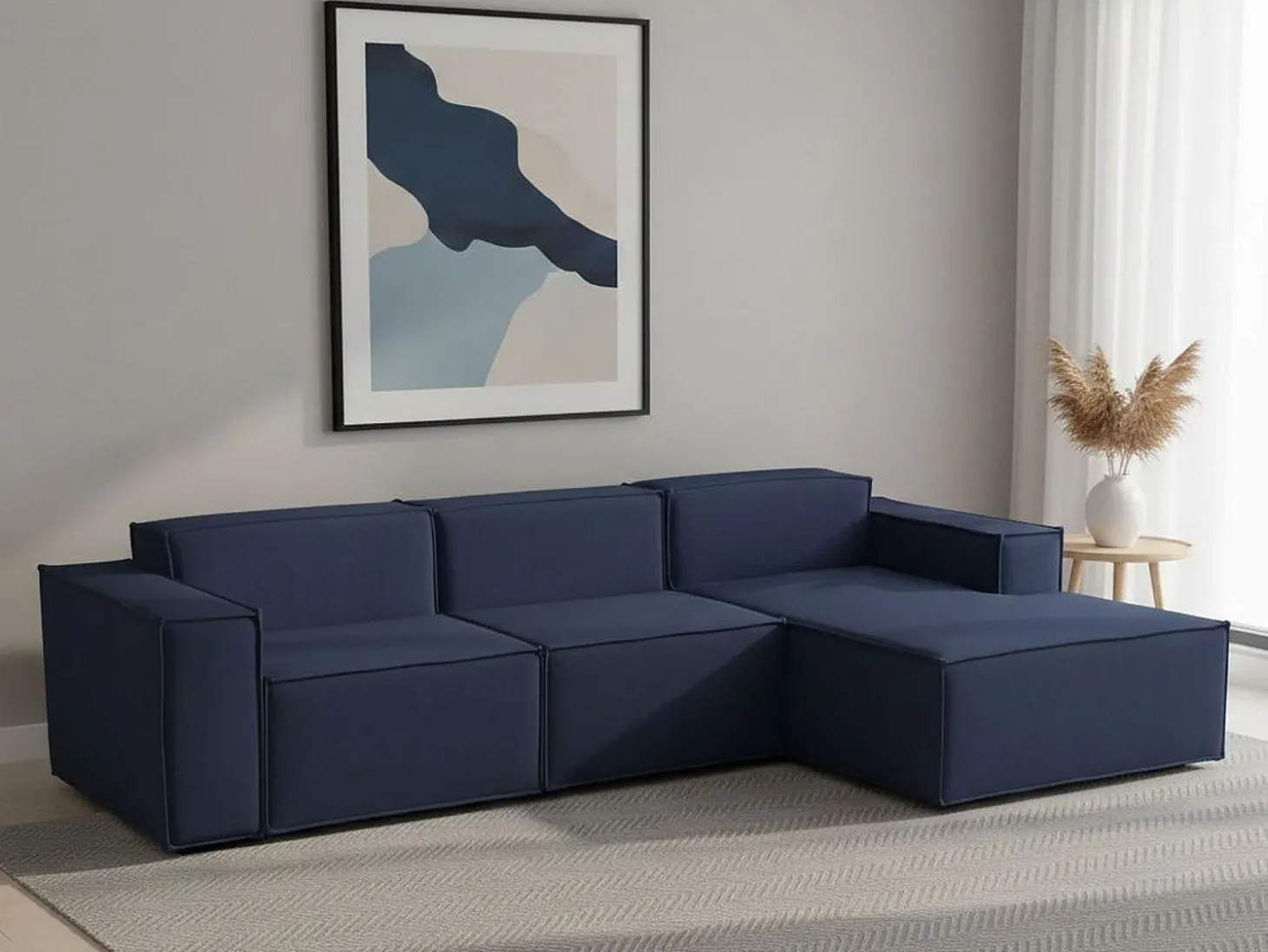 Sofá fixo Giovanna, sofá modular de 3 lugares com península direita, 100% Made in Italy, Sofá de tecido moderno, 300x170h70 cm, Azul