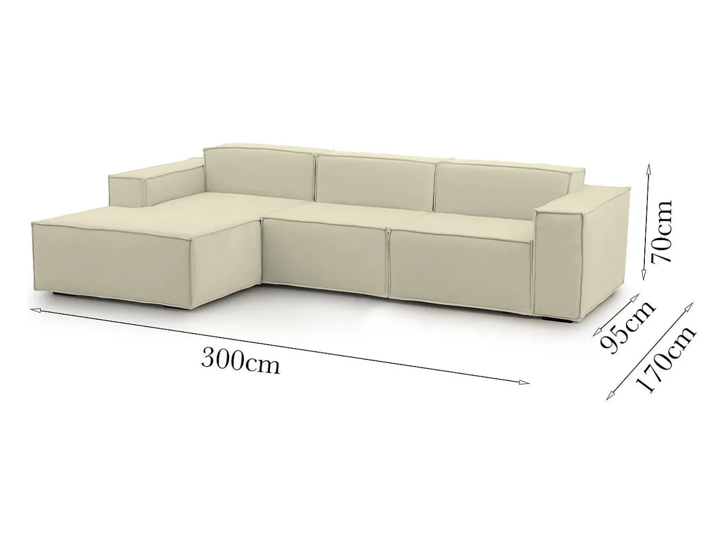 Sofá fixo Jessica, sofá modular de 3 lugares com península esquerda, 100% Fabricado na Itália, Sofá de tecido moderno, 300x170h70 cm, Bege